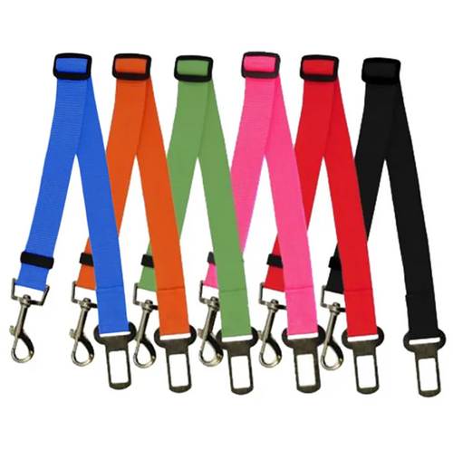 Adjustable dog car safety belt shown as a pet travel car accessory