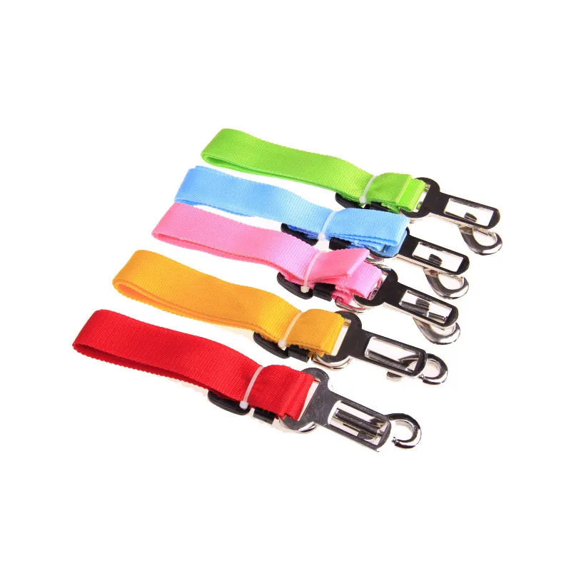 Adjustable dog car safety belt shown as a pet travel car accessory