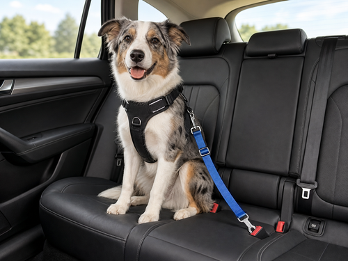 Dog in car harness with blue adjustable safety belt clipped to seat buckle