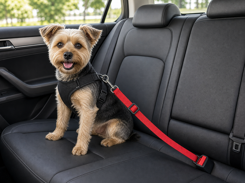 Small dog in car harness with red adjustable safety belt clipped to seat buckle